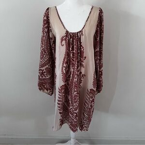 Anu Boho Paisley Printed Silk Blend Silk Long Sleeve Dress |Size